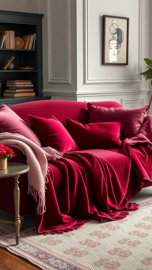 Luxurious red velvet sofa with cushions and a cozy throw in a stylish living room setting.