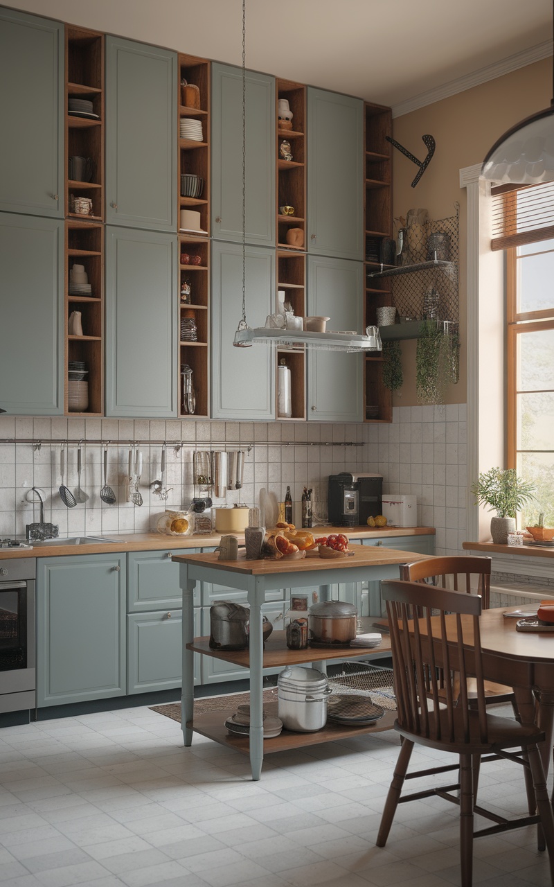 A Scandi style kitchen featuring tall cabinets, open shelving, and a bright, airy atmosphere.