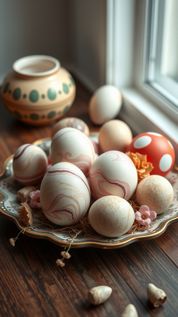 A decorative plate with marbled Easter eggs in various colors, surrounded by floral elements.