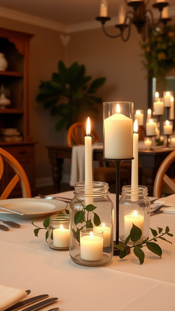 Mason jars with candles and flowers on a wooden table