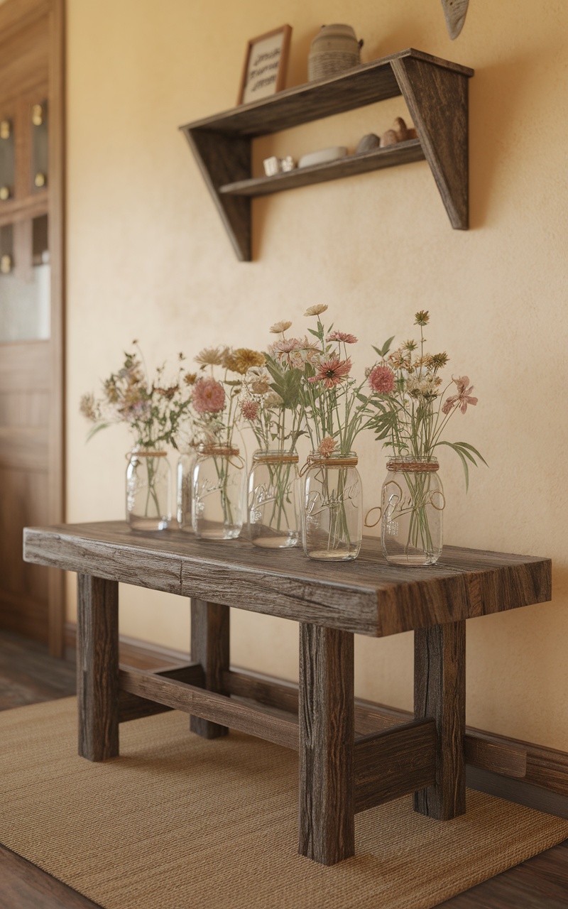 A rustic wooden table with several mason jars filled with flowers, creating a cozy Easter centerpiece.