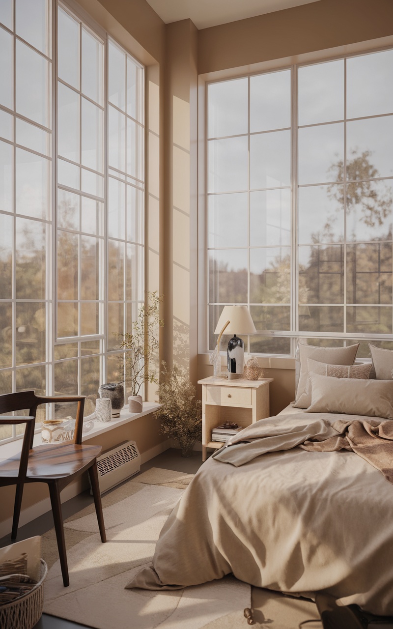 Cozy small beige bedroom with large windows allowing natural light and minimalistic decor.