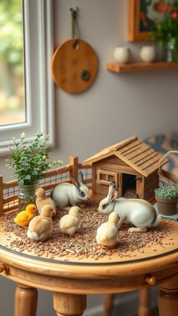 A miniature barnyard scene with bunnies and chicks arranged around a small barn, set on a wooden table.