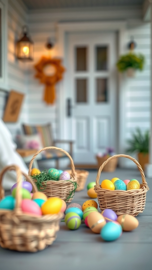 Miniature Easter basket display with colorful eggs on a porch