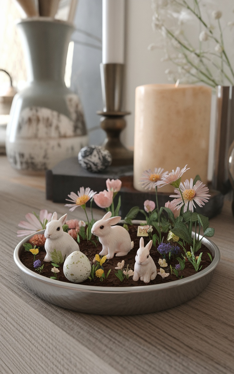 A miniature garden scene featuring two bunnies, decorative flowers, and an egg in a shallow dish.