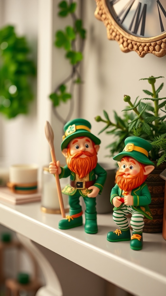 Two colorful miniature leprechaun figurines on a shelf, surrounded by plants and decor.