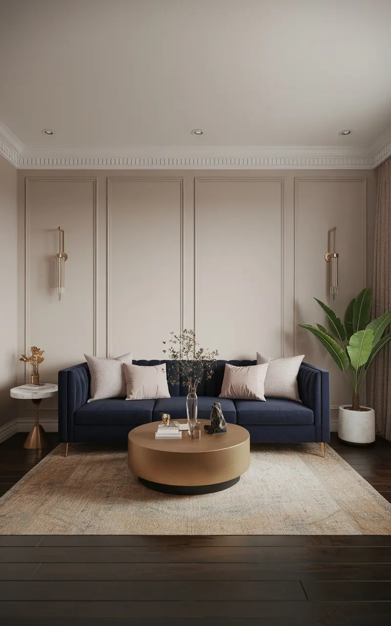 A modern living room featuring a deep navy blue sofa, light pink cushions, a round coffee table, and a plant.