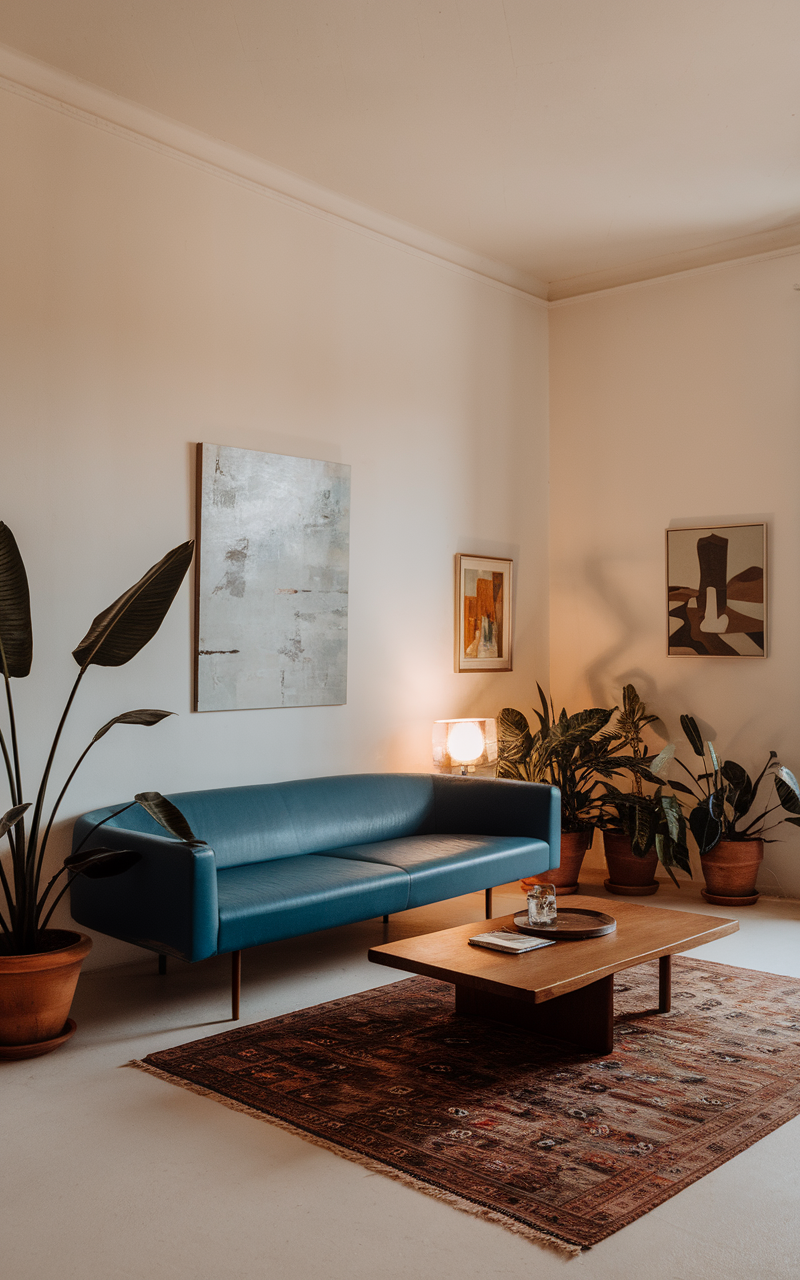 A modern living room featuring a sleek blue couch, wooden coffee table, and minimal decor.