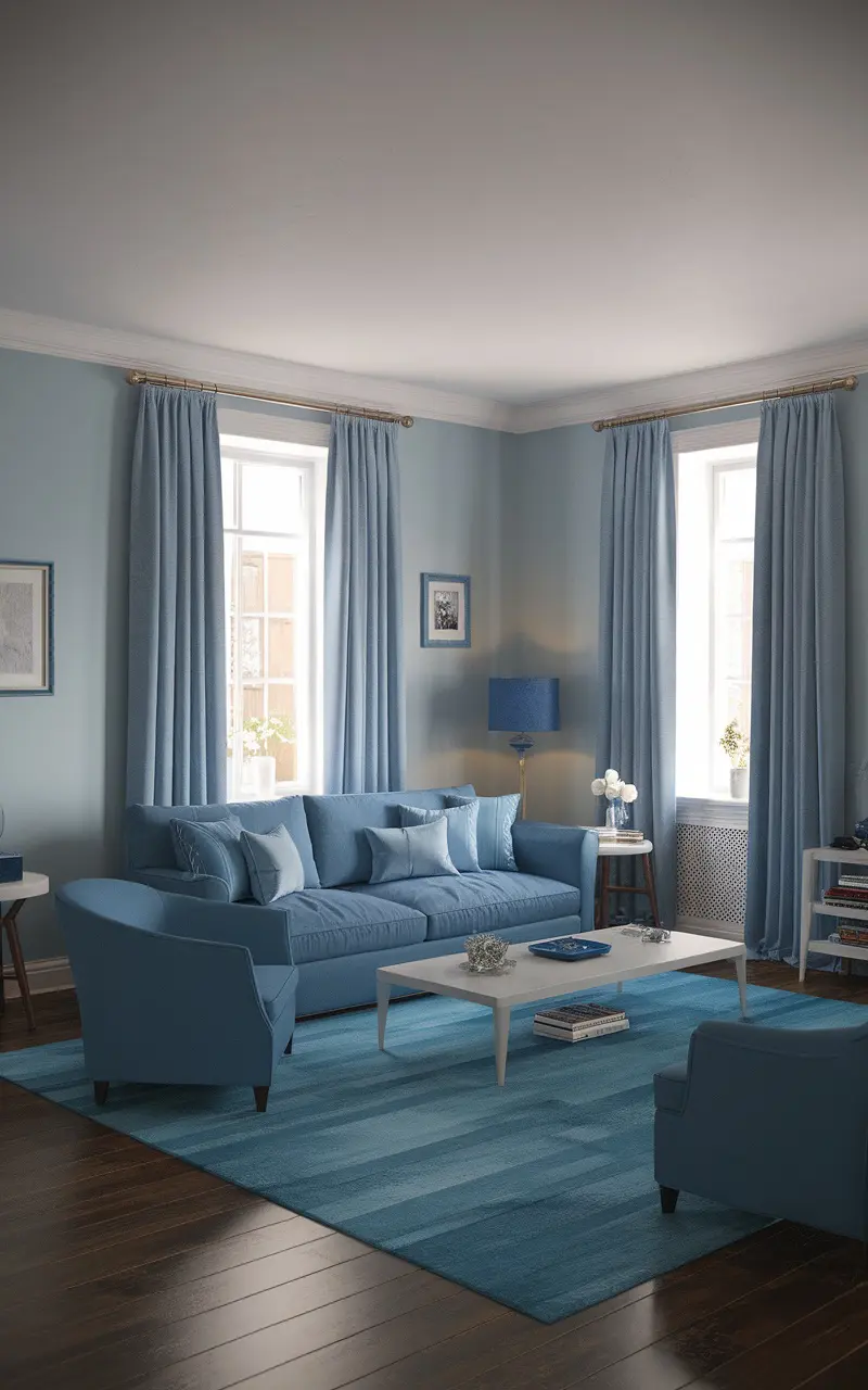 A living room featuring a blue couch, light blue walls, and matching decor elements