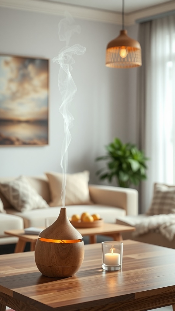 A wooden diffuser releasing fragrant mist in a cozy living room setting.