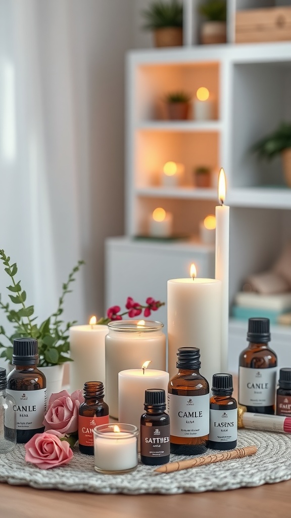 Arrangement of candles and essential oils on a decorative mat, ideal for creating a romantic atmosphere.