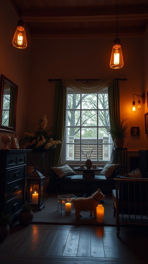 A cozy living room with warm mood lighting, candles, and a dog.