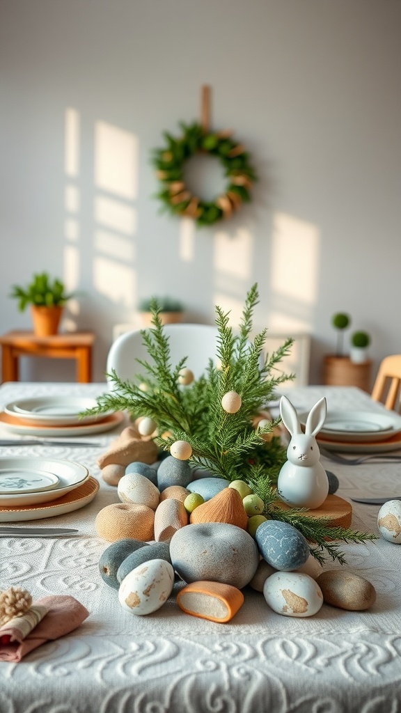 A beautifully decorated Easter table featuring natural elements like decorative stones, greenery, and a bunny figure.