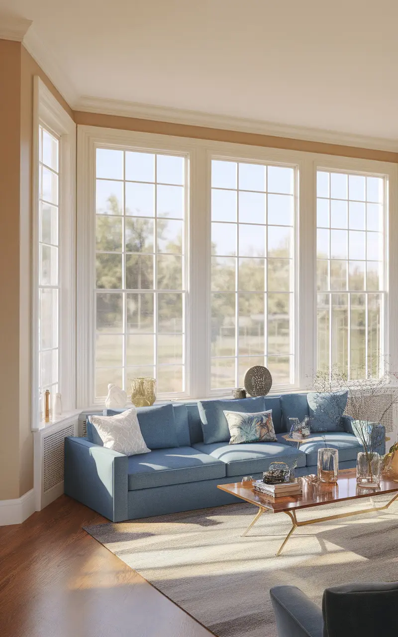 Bright living room featuring a blue couch, large windows, and a warm wooden coffee table.