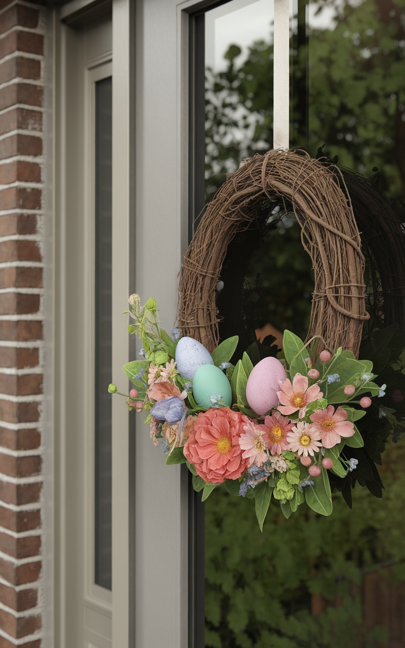 A beautiful spring wreath adorned with pastel Easter eggs and colorful flowers, hanging on a door.