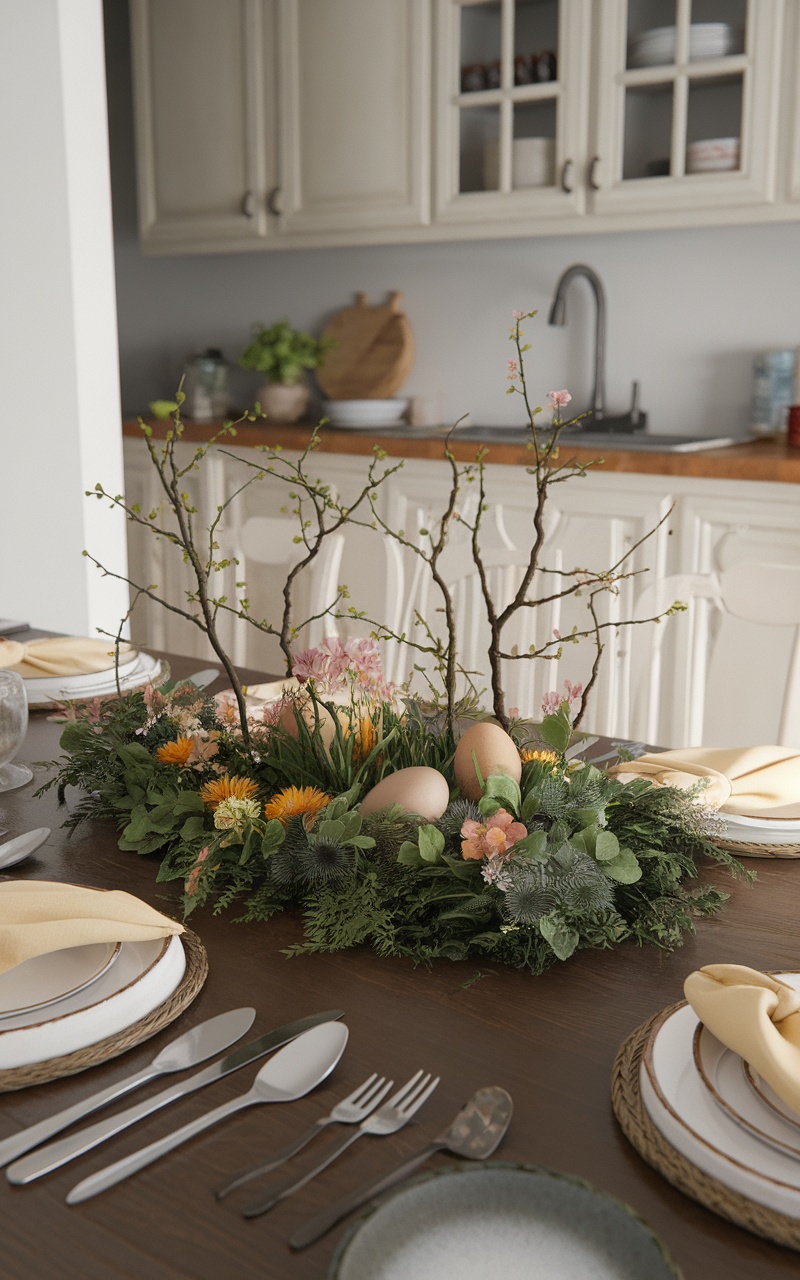 A nature-inspired Easter centerpiece with flowers, greenery, and eggs on a dining table.