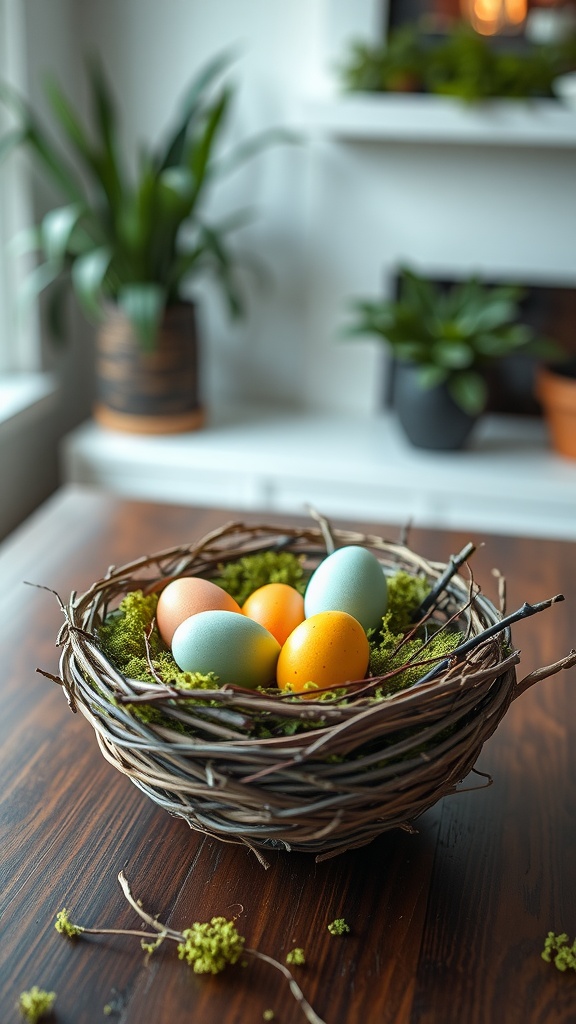 A decorative nest filled with colorful eggs and moss, creating a nature-inspired Easter centerpiece.