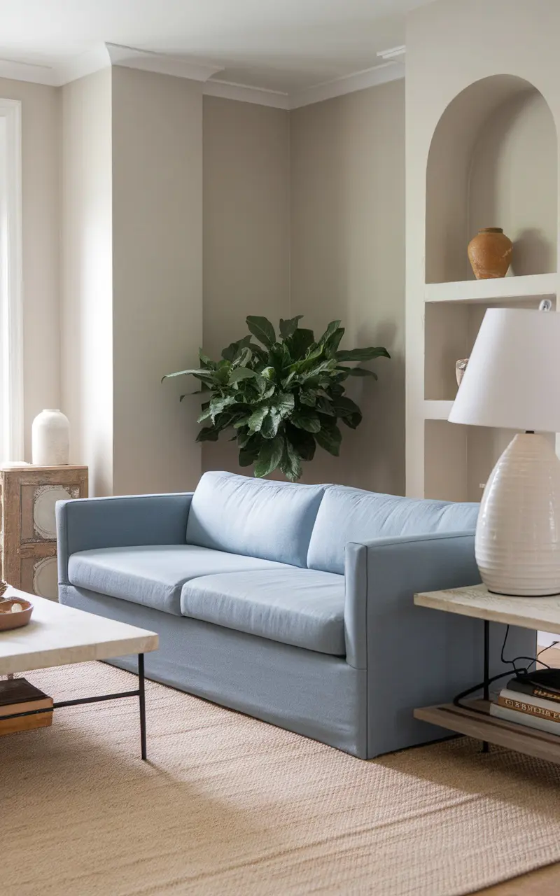 A light blue couch in a neutral living room with plants and a stylish lamp.