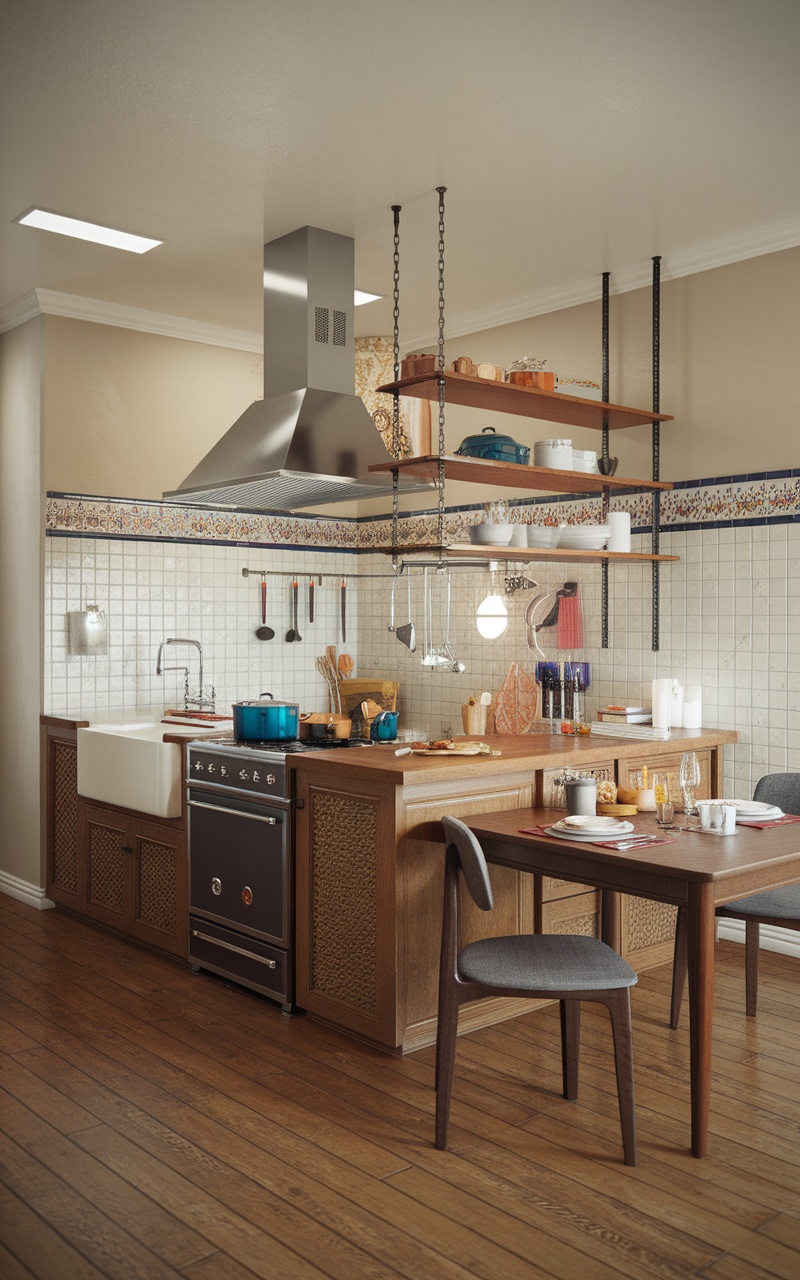 A functional kitchen island in a scandi style kitchen with wooden accents and open shelving.