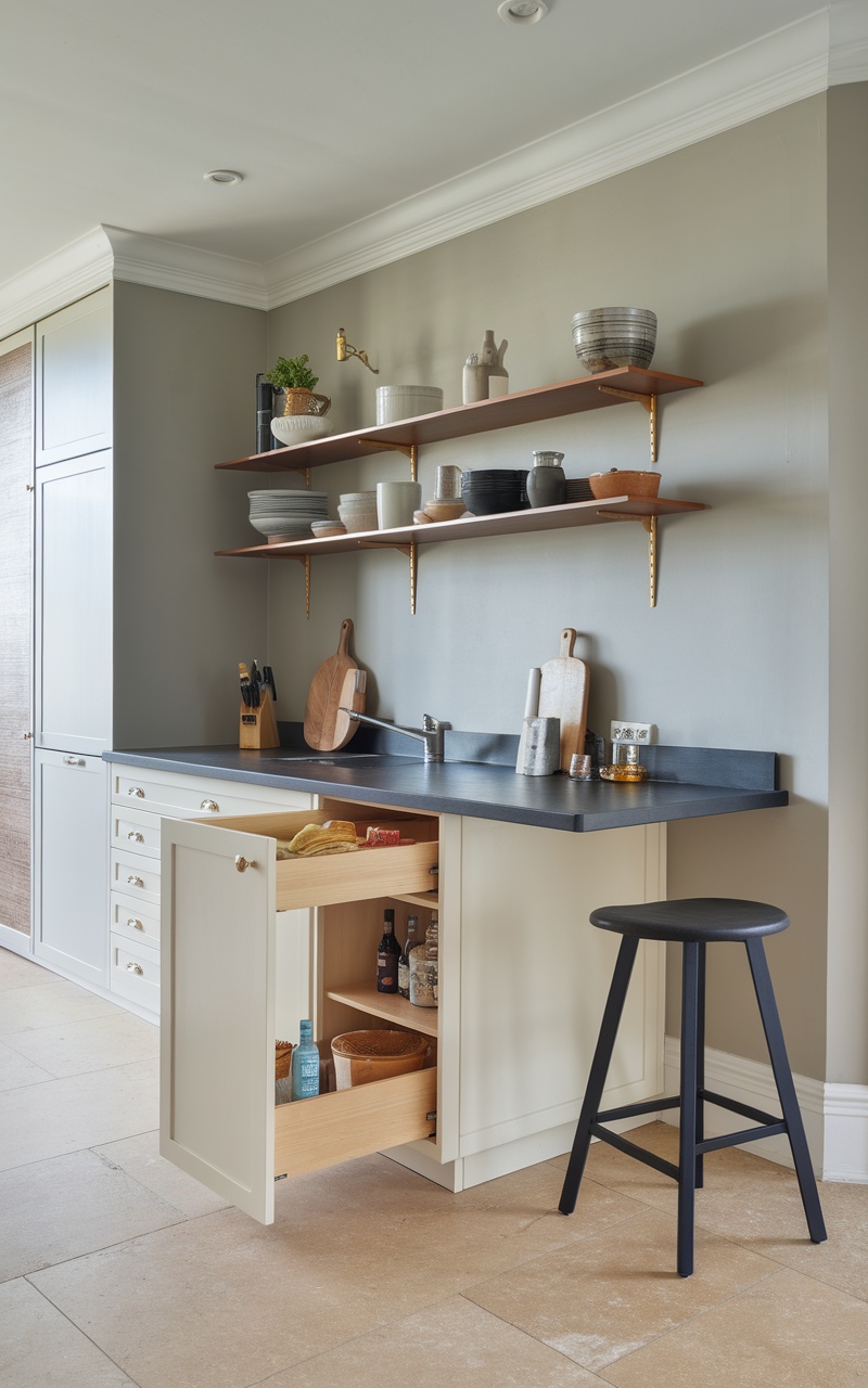 A modern Scandi style kitchen featuring functional furniture, open shelving, and a minimalist design.