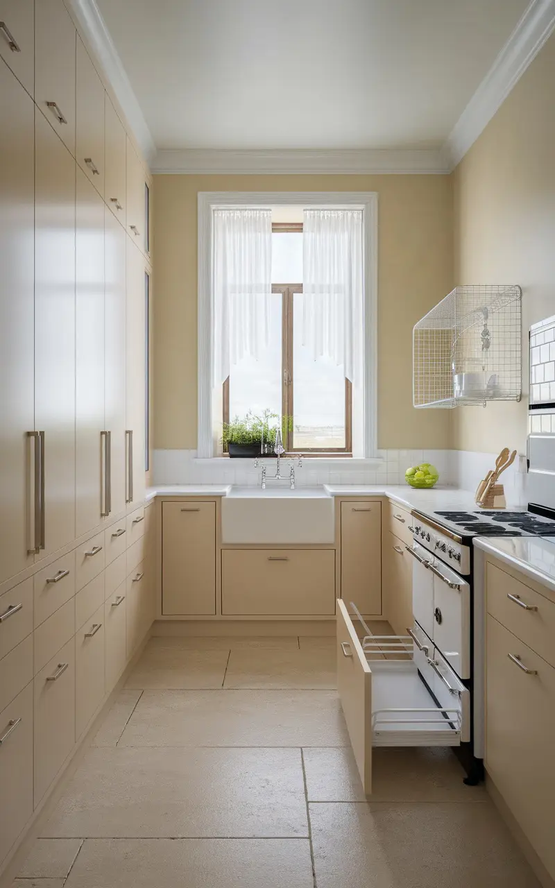 A simple and modern Scandi style kitchen featuring light cabinets, a farmhouse sink, and a large window.