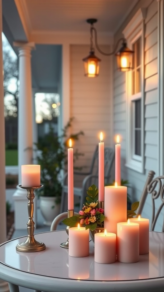 Pastel candles arranged on a table, creating a cozy atmosphere for Easter porch decor.