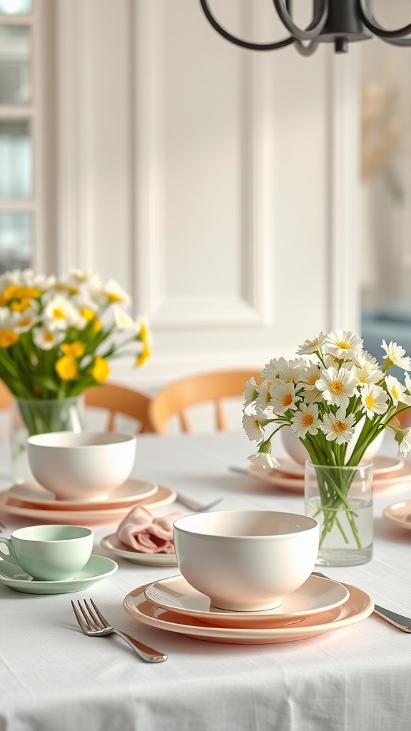 Pastel colored table setting with bowls, plates, and fresh flowers