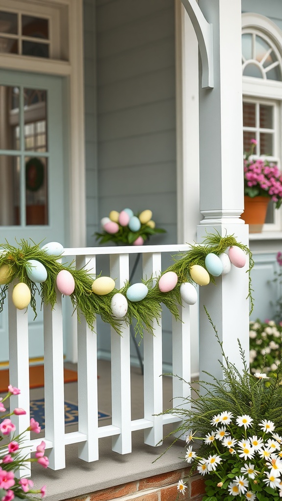 Pastel egg garland hanging on a white porch railing with flowers