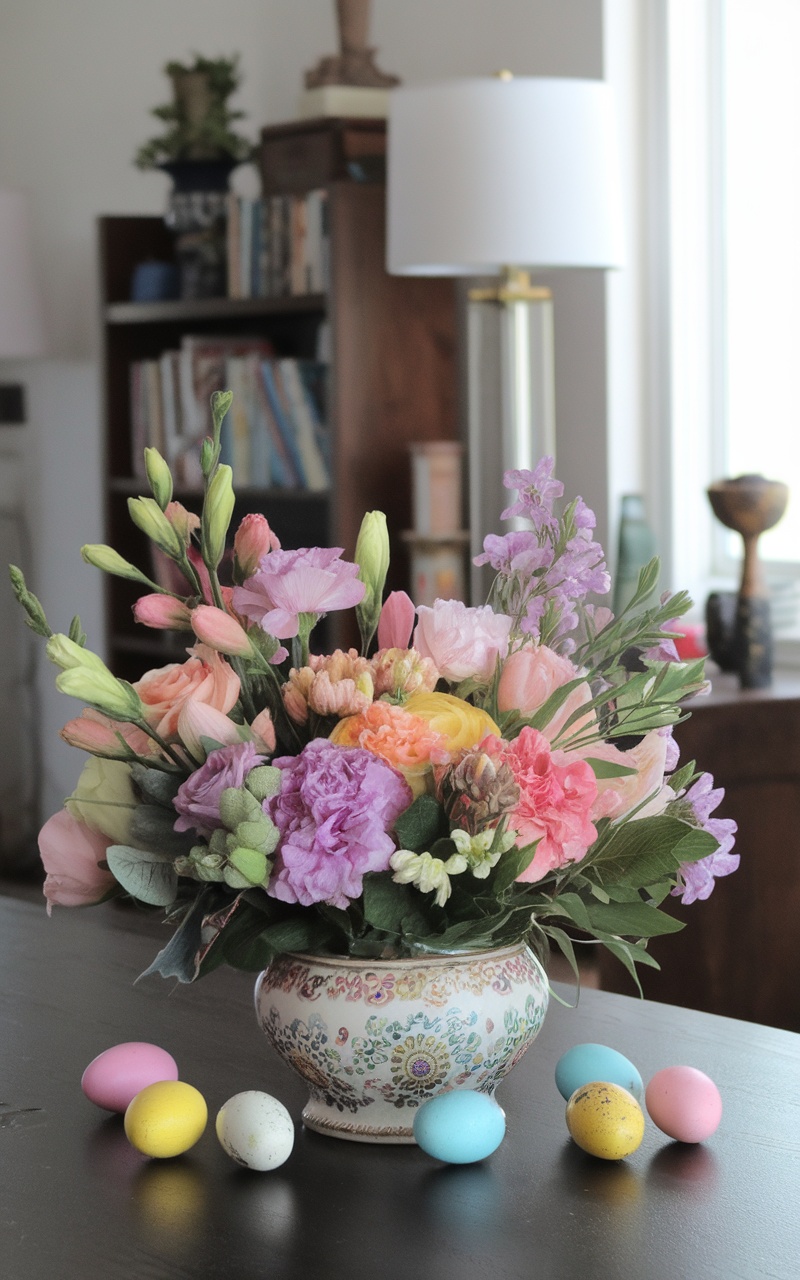 A pastel floral arrangement in a decorative vase surrounded by colorful Easter eggs.