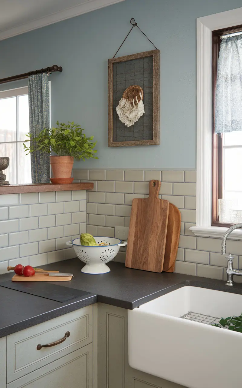 A cozy Scandi style kitchen featuring potted plants, wall art, and various kitchen decor pieces.