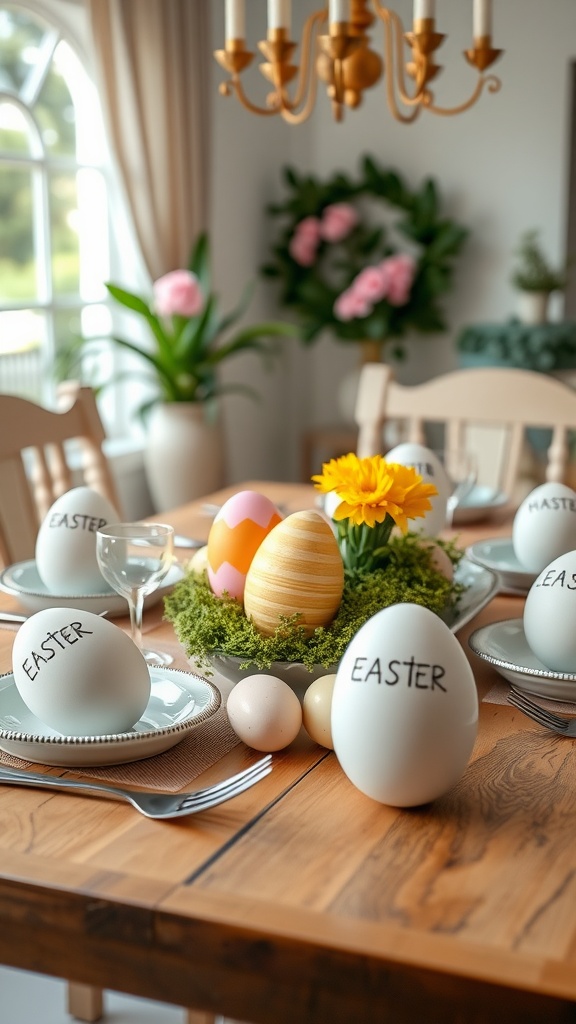 A beautifully decorated Easter table with personalized eggs and flowers