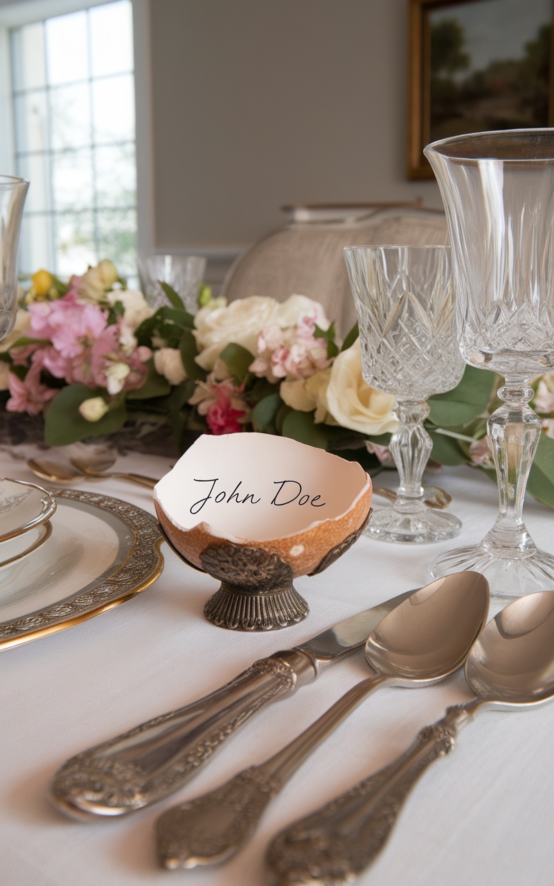 A beautifully set Easter dining table with personalized egg place cards in a decorative holder.