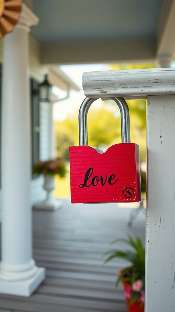 A vibrant red love lock with the inscription 'love' hanging on a porch railing, creating a romantic outdoor decor element.