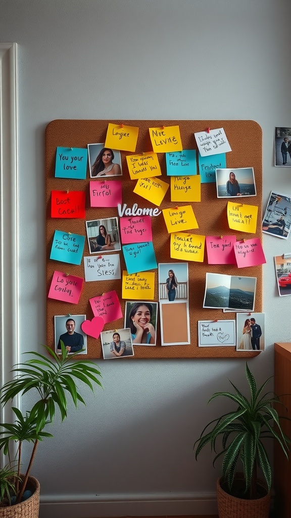 A corkboard filled with colorful sticky notes and photos, showcasing personalized love notes.