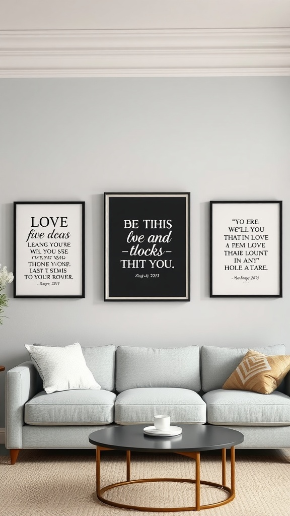 A living room with personalized love quotes wall art above a couch.