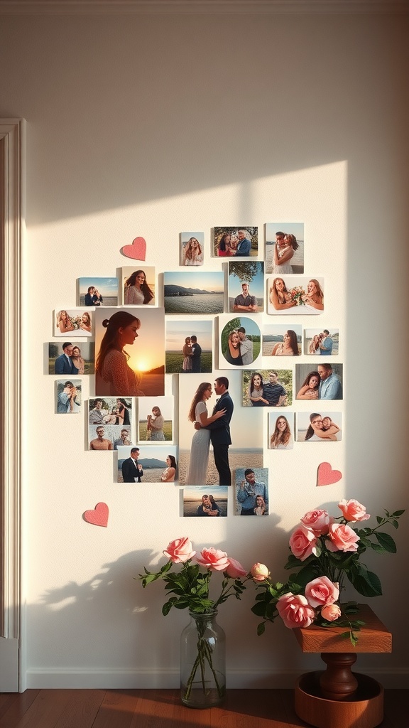 A heart-shaped photo collage on a wall with flowers at the bottom.