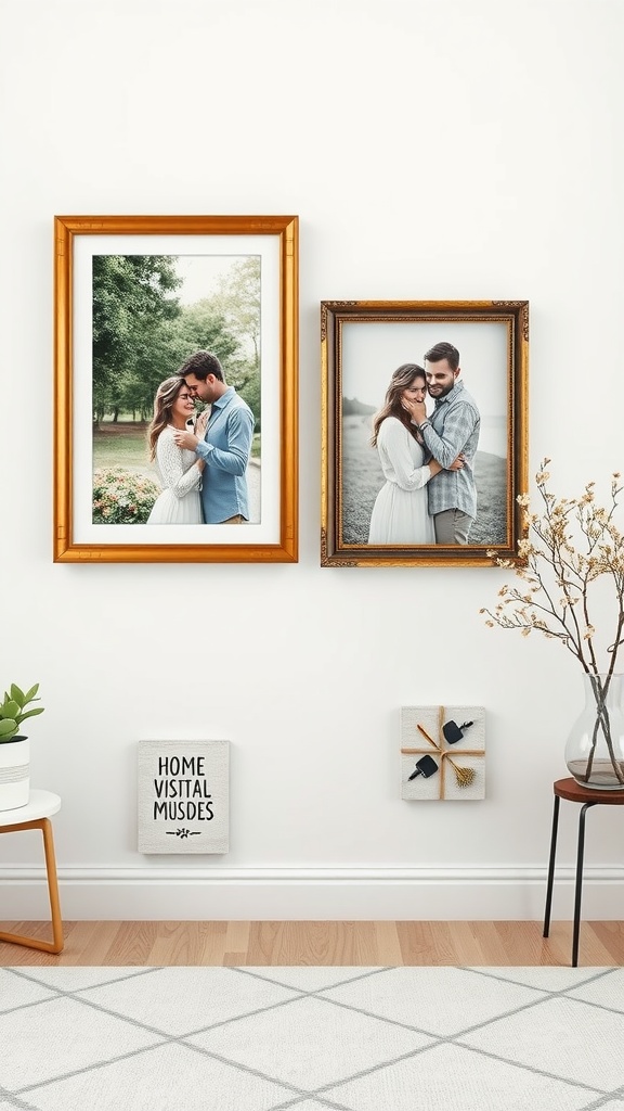 Two picture frames on a wall showcasing a couple's photos, with a side table and decorative elements.