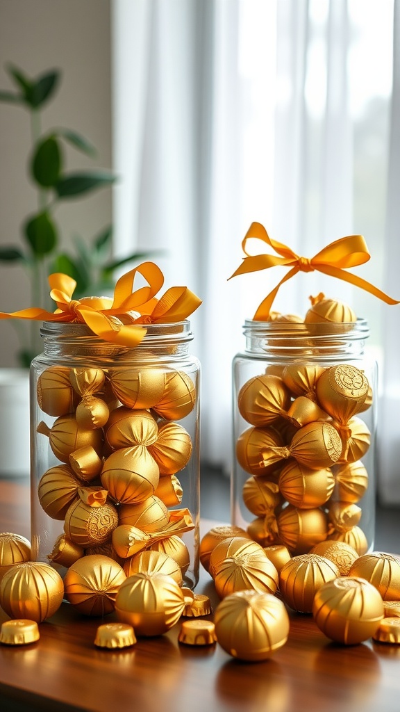 Two glass jars filled with golden candies, tied with yellow ribbons, on a wooden table.