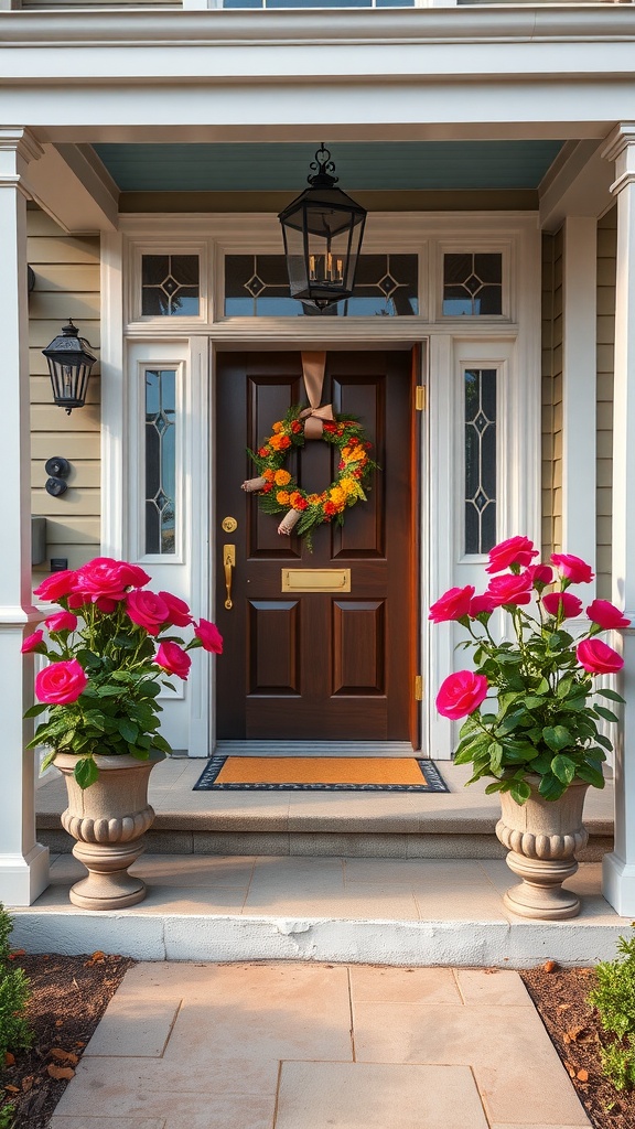 A beautiful porch decorated for Valentine's Day with pink potted roses on each side of a wooden door and a colorful wreath.