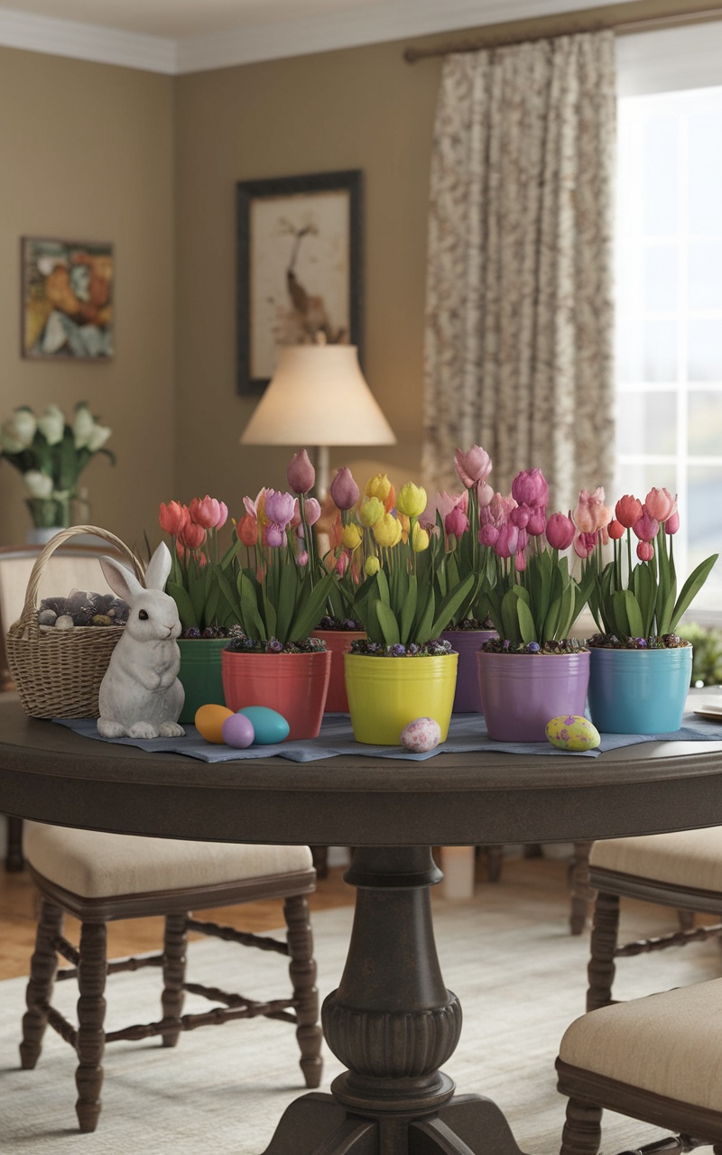 Colorful potted tulips on a table with Easter decorations