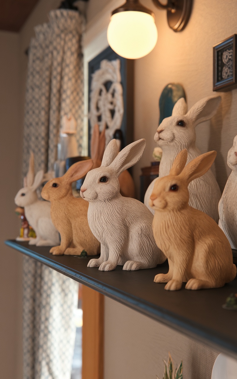 A collection of rabbit figurines in various styles displayed on a shelf.