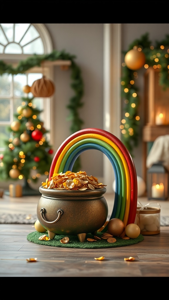 A decorative pot of gold with a rainbow, perfect for St. Patrick's Day decor.