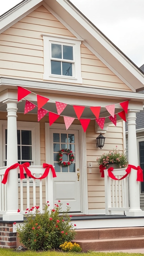 A charming porch decorated with red and pink bunting for Valentine's Day, featuring a wreath and flowing ribbons.