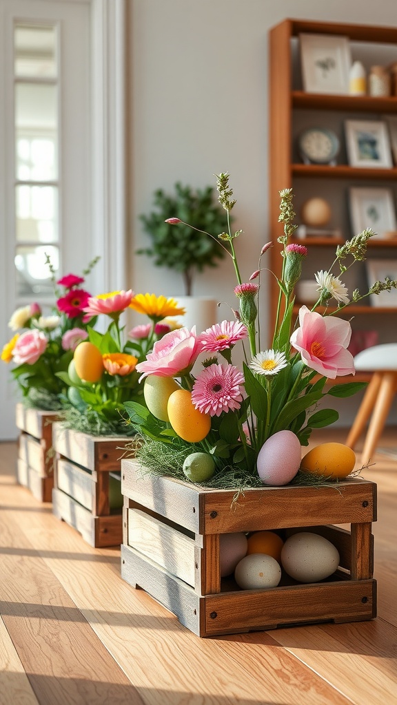 Decorative repurposed wooden crates filled with flowers and Easter eggs