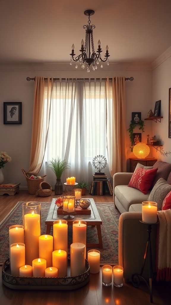 A cozy living room with a chandelier and candles arranged on a tray, creating a warm and romantic atmosphere.