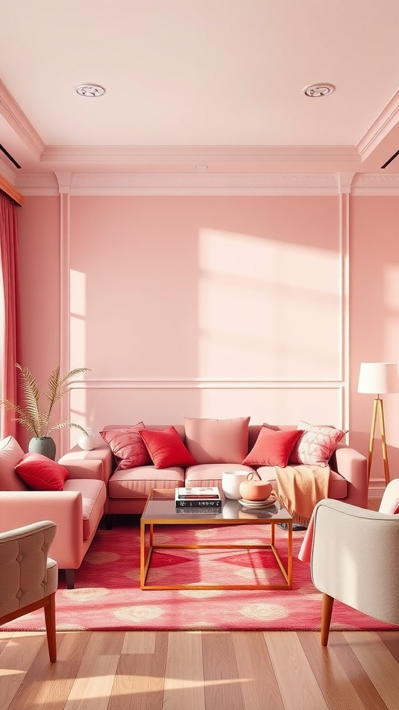 Stylish living room with pink walls, pink and red cushions, and golden accents