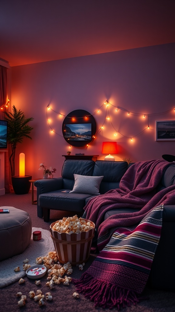 Cozy romantic film viewing area with fairy lights, popcorn, and red and pink decor