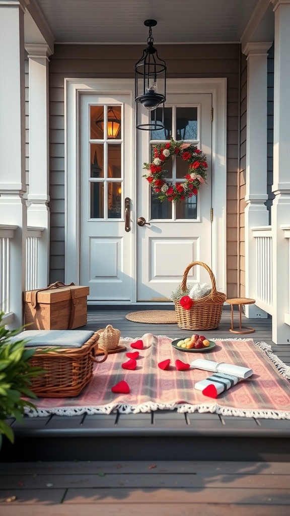 A romantic picnic setup on a porch with a blanket, picnic basket, and heart decorations.