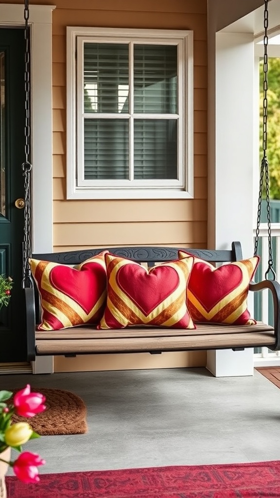 A porch swing decorated with red and gold heart-patterned throw pillows, creating a romantic atmosphere for Valentine's Day.