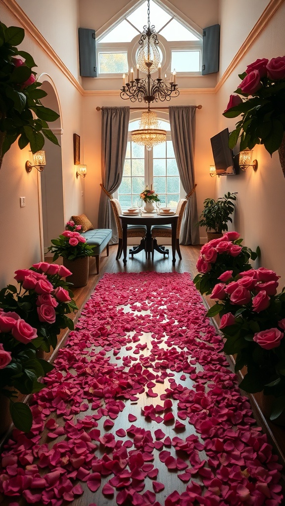 A beautiful rose petal pathway leading to a romantic dining area, surrounded by potted rose plants.